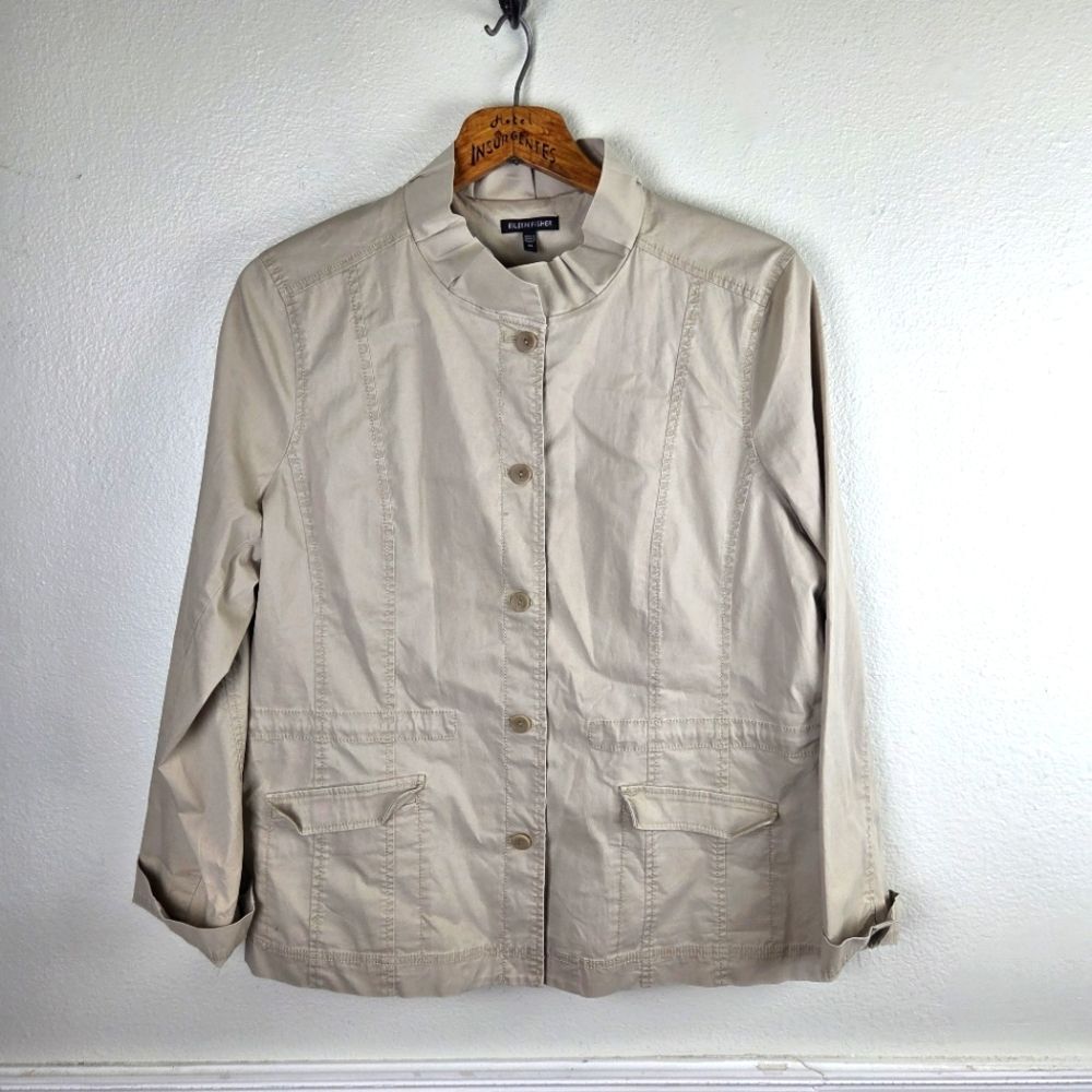 Eileen Fisher Button Up Women's Beige Ruffled Collar Jacket Size XL